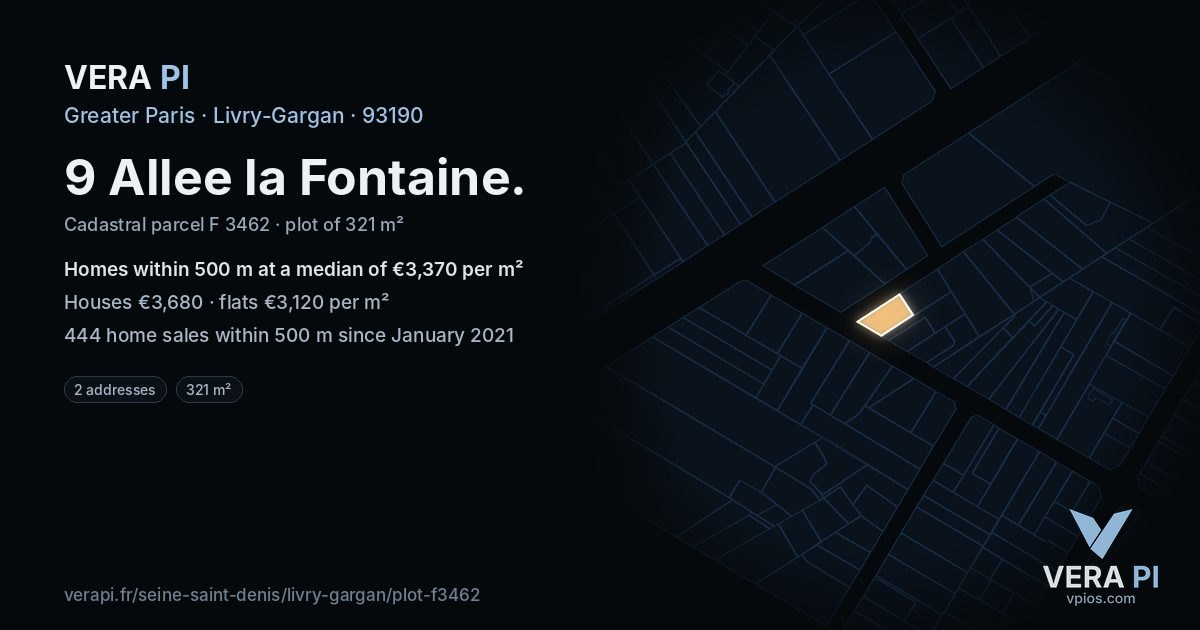 9 Allee la Fontaine, Livry-Gargan at night – the plot lit, the parcels around coloured by the prices near them