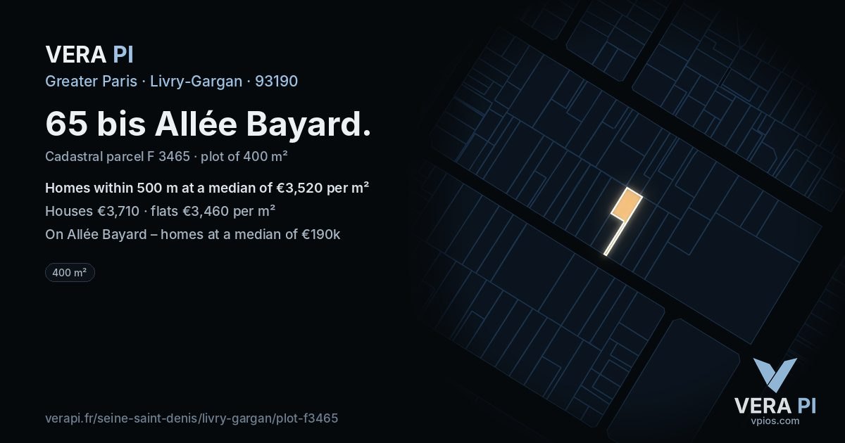 65 bis Allée Bayard, Livry-Gargan at night – the plot lit, the parcels around coloured by the prices near them