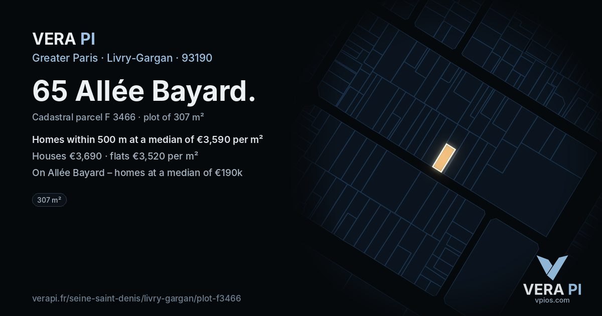 65 Allée Bayard, Livry-Gargan at night – the plot lit, the parcels around coloured by the prices near them