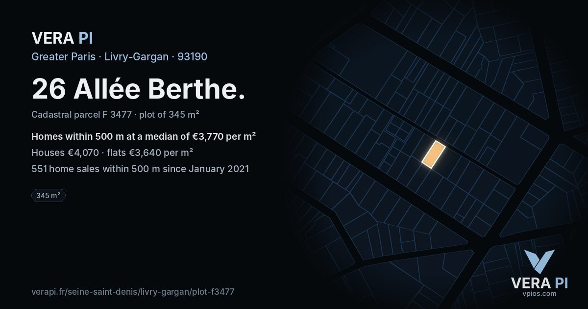 26 Allée Berthe, Livry-Gargan at night – the plot lit, the parcels around coloured by the prices near them