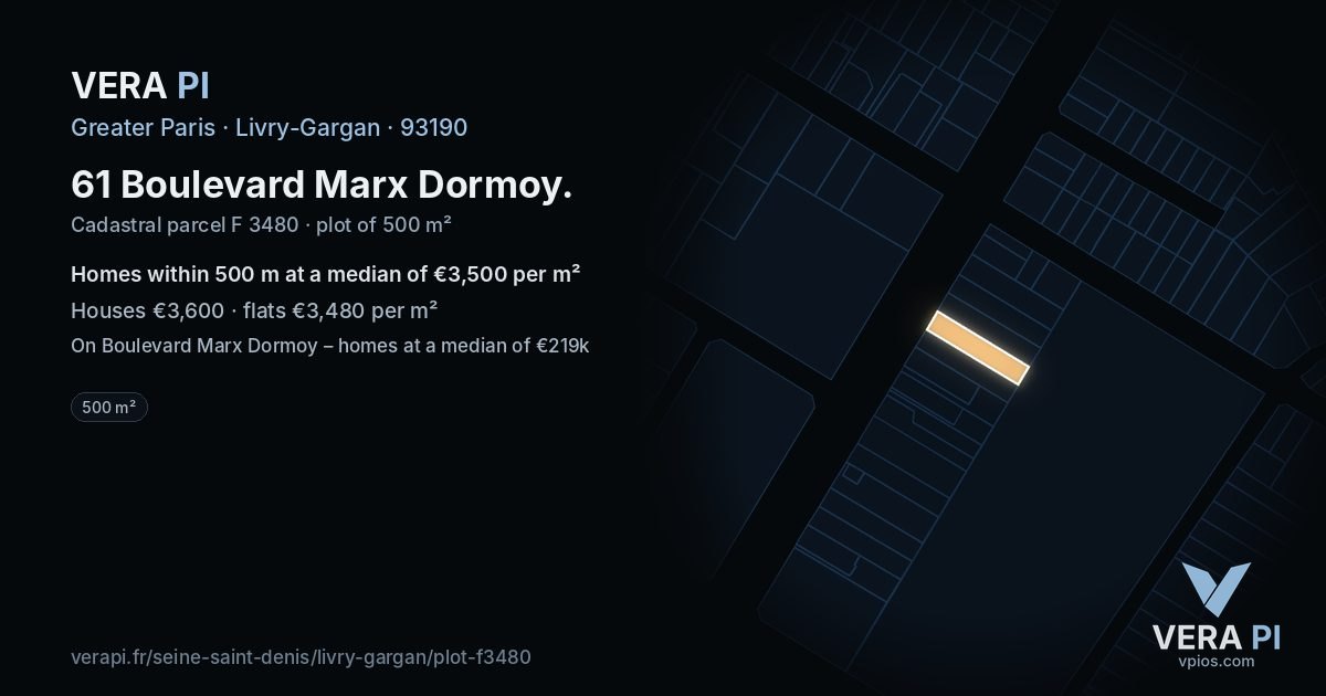 61 Boulevard Marx Dormoy, Livry-Gargan at night – the plot lit, the parcels around coloured by the prices near them