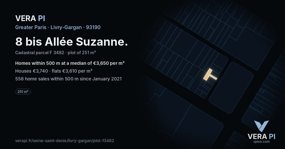 8 bis Allée Suzanne, Livry-Gargan at night – the plot lit, the parcels around coloured by the prices near them