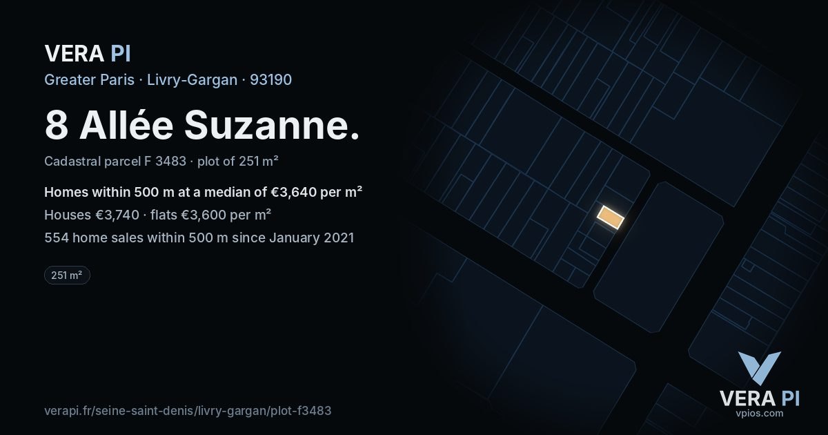 8 Allée Suzanne, Livry-Gargan at night – the plot lit, the parcels around coloured by the prices near them