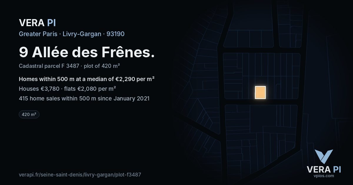9 Allée des Frênes, Livry-Gargan at night – the plot lit, the parcels around coloured by the prices near them