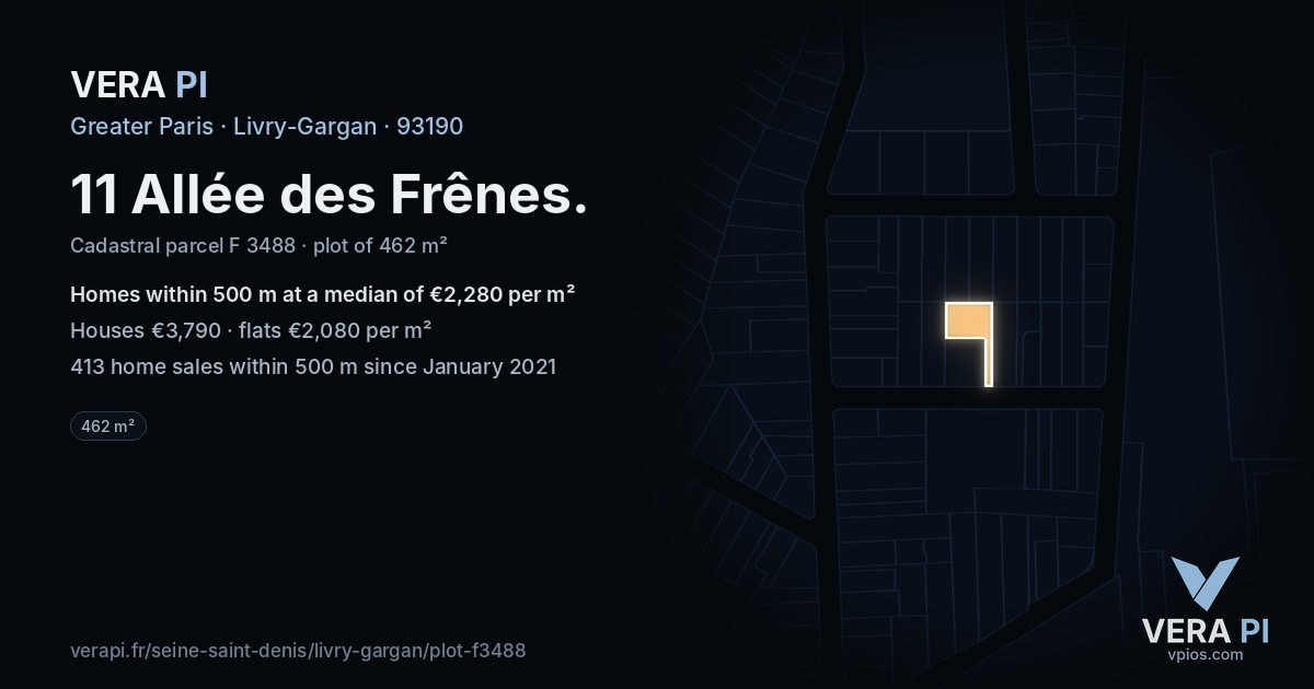 11 Allée des Frênes, Livry-Gargan at night – the plot lit, the parcels around coloured by the prices near them