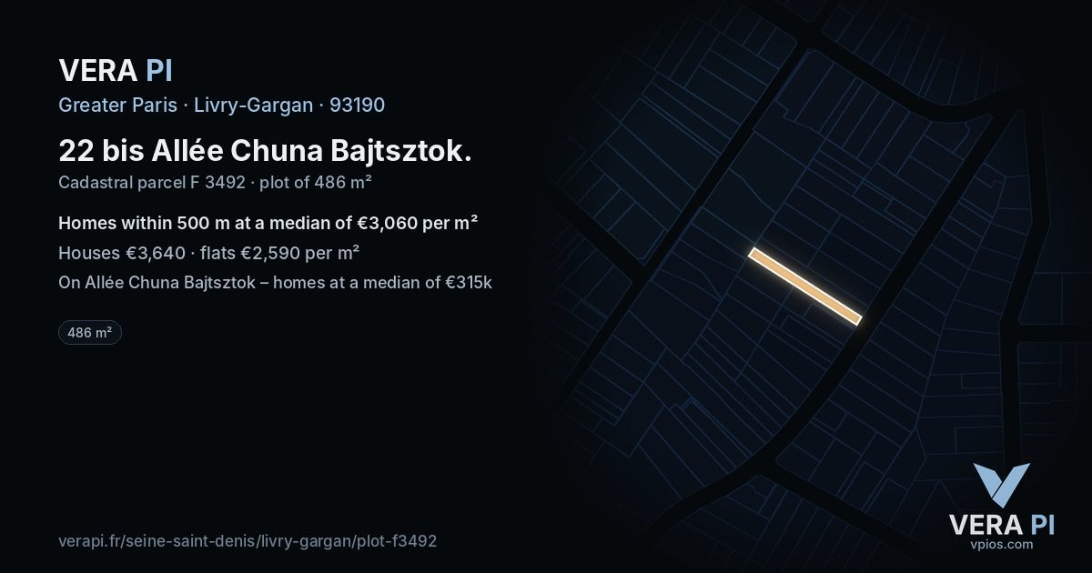 22 bis Allée Chuna Bajtsztok, Livry-Gargan at night – the plot lit, the parcels around coloured by the prices near them