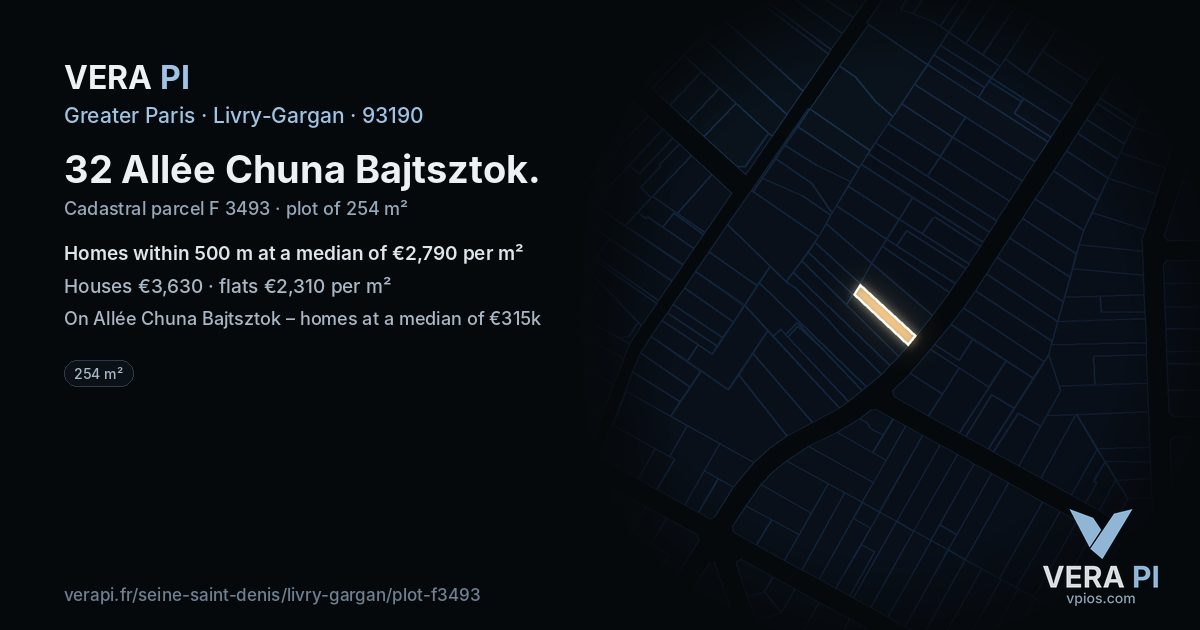 32 Allée Chuna Bajtsztok, Livry-Gargan at night – the plot lit, the parcels around coloured by the prices near them