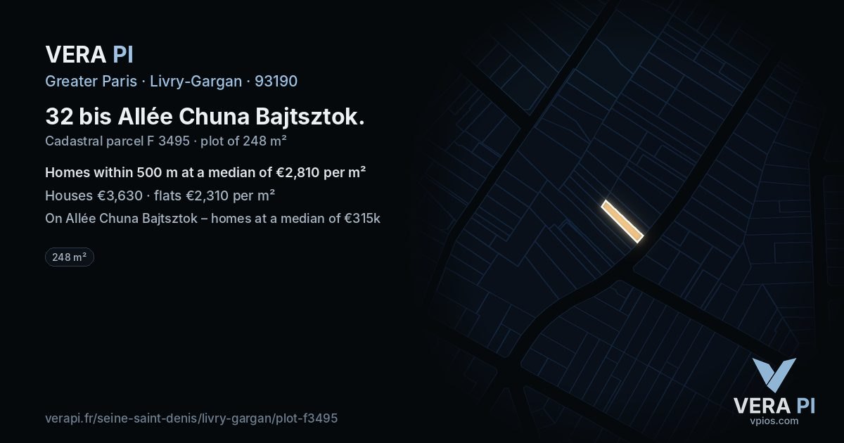 32 bis Allée Chuna Bajtsztok, Livry-Gargan at night – the plot lit, the parcels around coloured by the prices near them