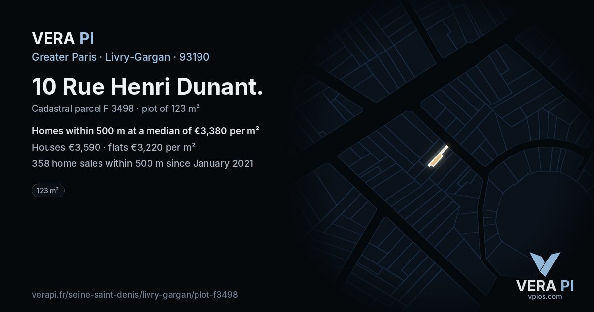 10 Rue Henri Dunant, Livry-Gargan at night – the plot lit, the parcels around coloured by the prices near them