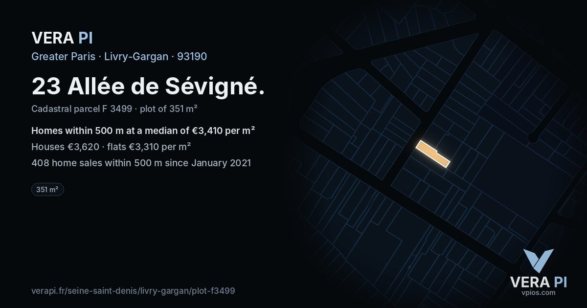 23 Allée de Sévigné, Livry-Gargan at night – the plot lit, the parcels around coloured by the prices near them
