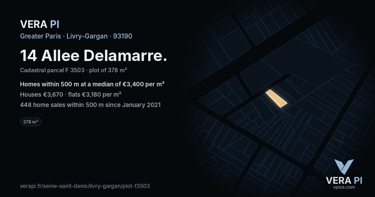 14 Allee Delamarre, Livry-Gargan at night – the plot lit, the parcels around coloured by the prices near them