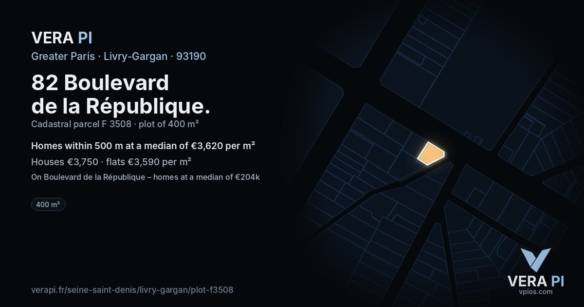 82 Boulevard de la République, Livry-Gargan at night – the plot lit, the parcels around coloured by the prices near them