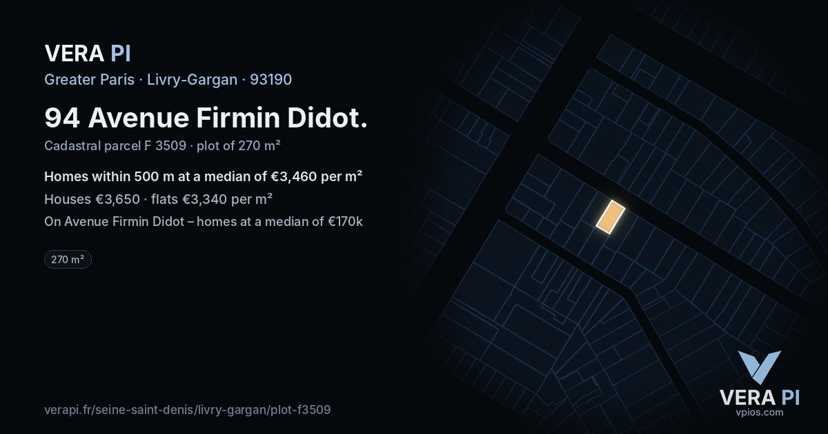 94 Avenue Firmin Didot, Livry-Gargan at night – the plot lit, the parcels around coloured by the prices near them