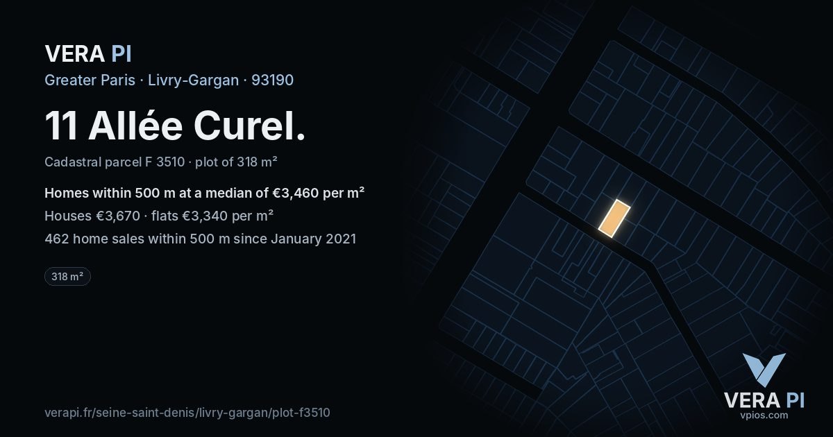 11 Allée Curel, Livry-Gargan at night – the plot lit, the parcels around coloured by the prices near them