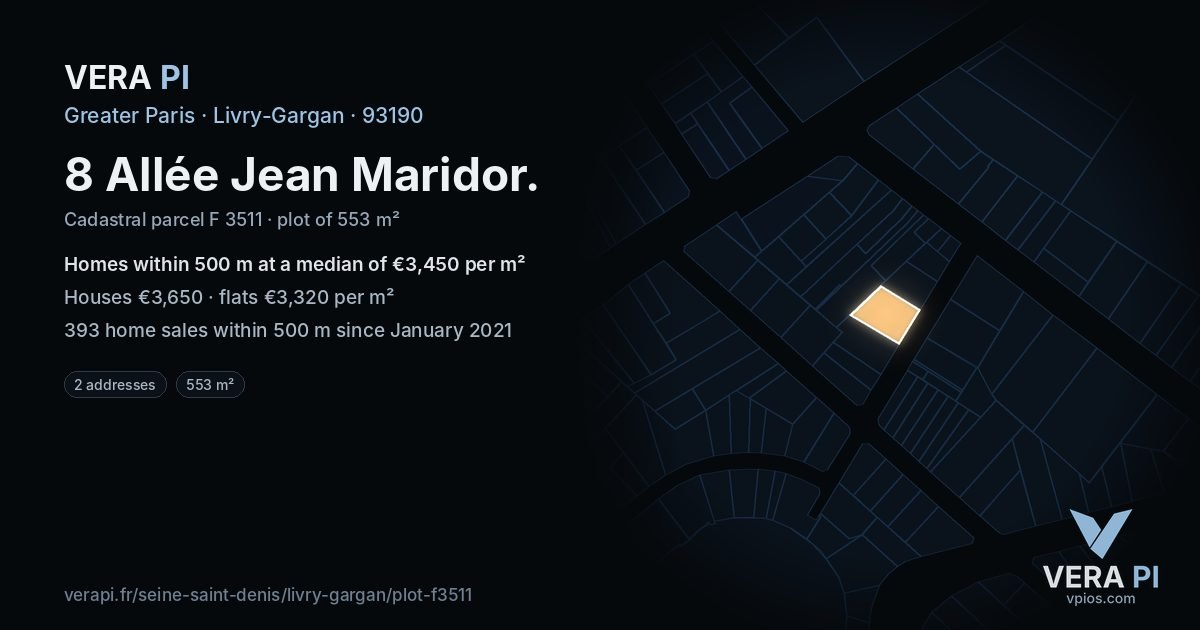8 Allée Jean Maridor, Livry-Gargan at night – the plot lit, the parcels around coloured by the prices near them