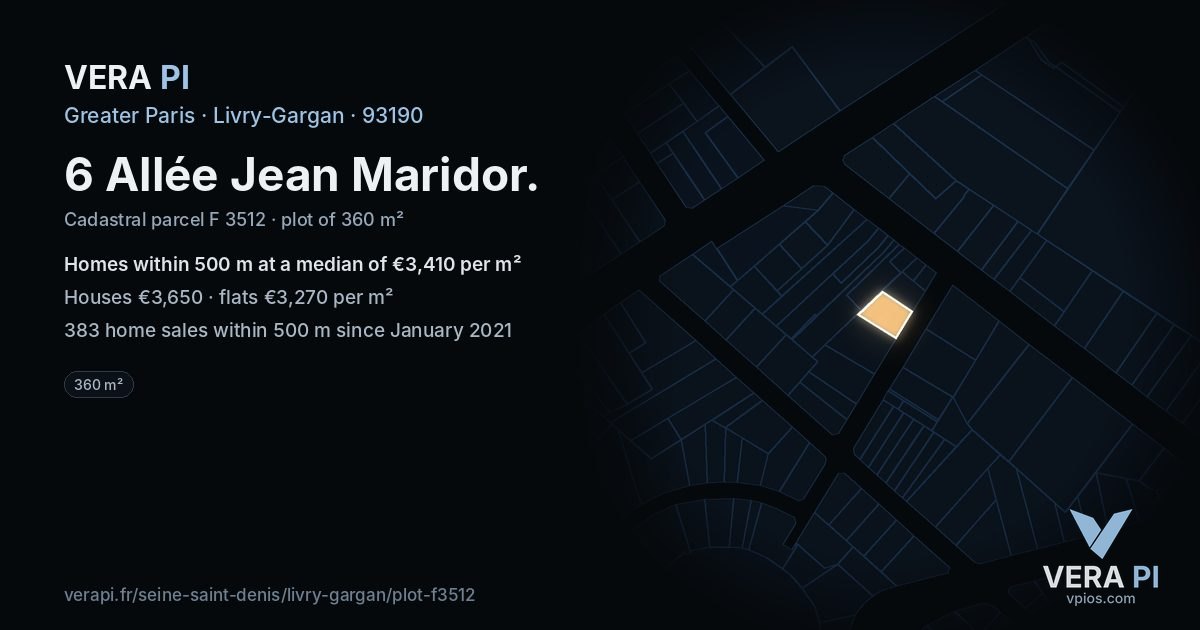 6 Allée Jean Maridor, Livry-Gargan at night – the plot lit, the parcels around coloured by the prices near them