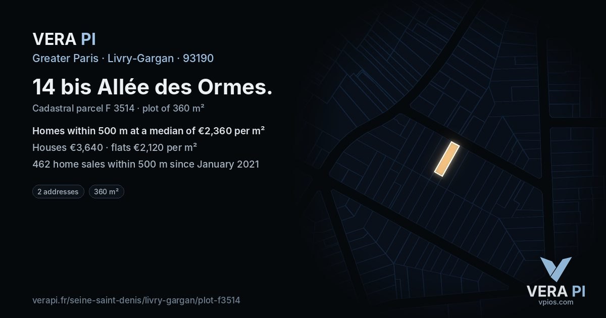 14 bis Allée des Ormes, Livry-Gargan at night – the plot lit, the parcels around coloured by the prices near them