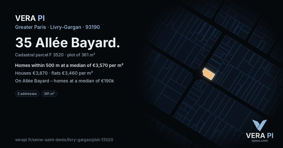 35 Allée Bayard, Livry-Gargan at night – the plot lit, the parcels around coloured by the prices near them