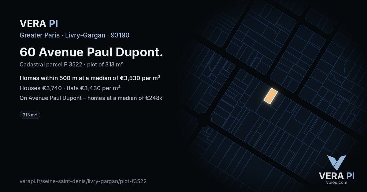 60 Avenue Paul Dupont, Livry-Gargan at night – the plot lit, the parcels around coloured by the prices near them