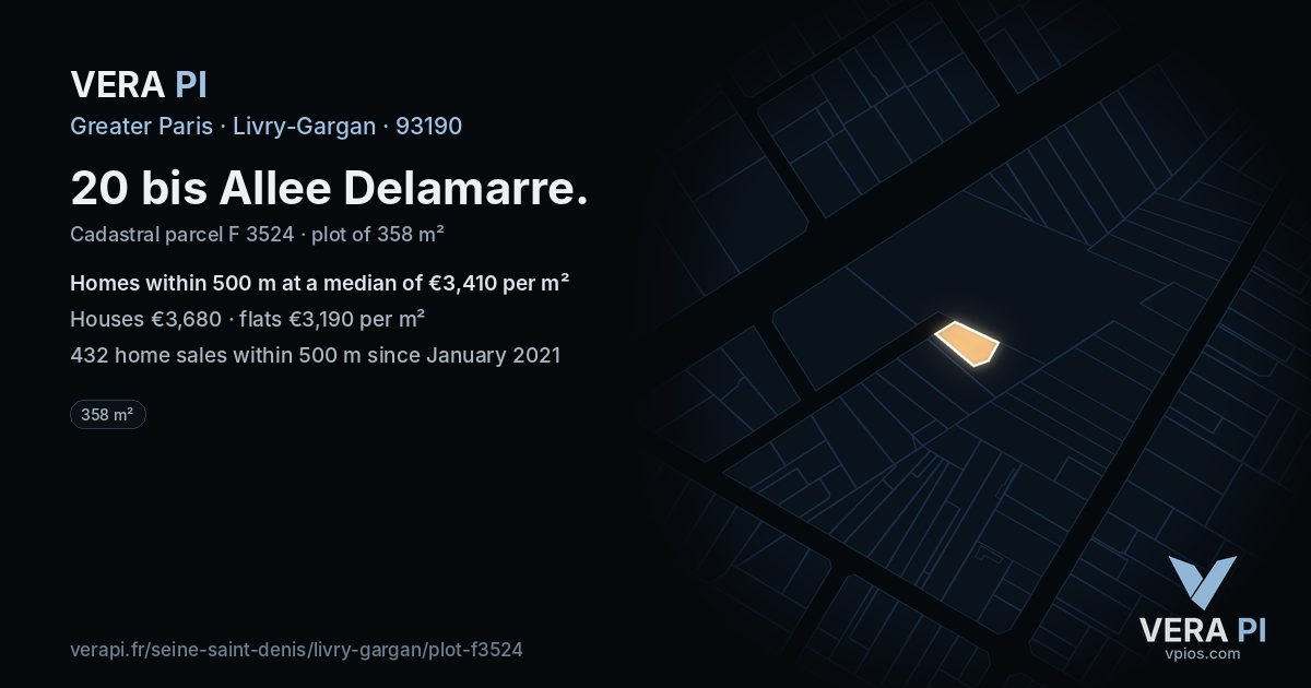 20 bis Allee Delamarre, Livry-Gargan at night – the plot lit, the parcels around coloured by the prices near them