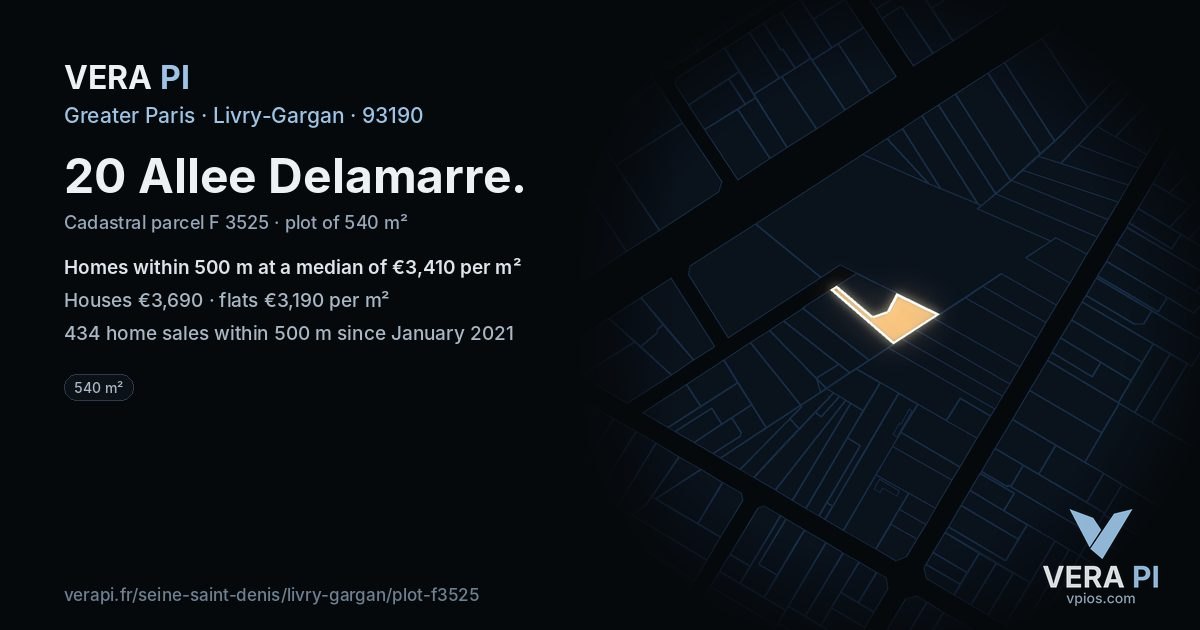 20 Allee Delamarre, Livry-Gargan at night – the plot lit, the parcels around coloured by the prices near them