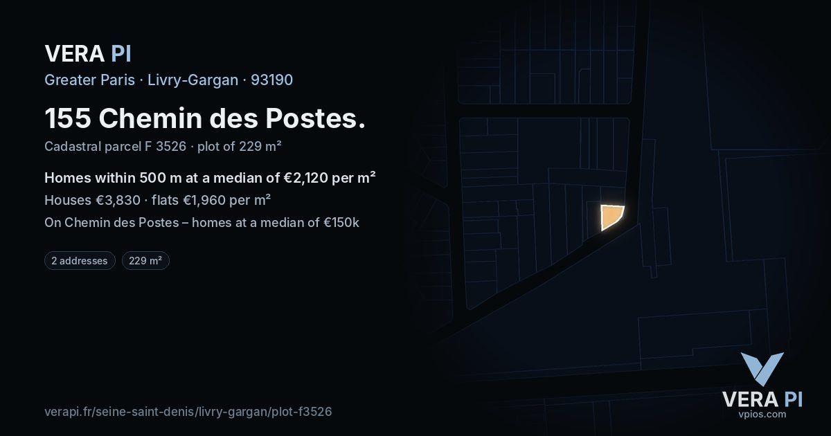 155 Chemin des Postes, Livry-Gargan at night – the plot lit, the parcels around coloured by the prices near them