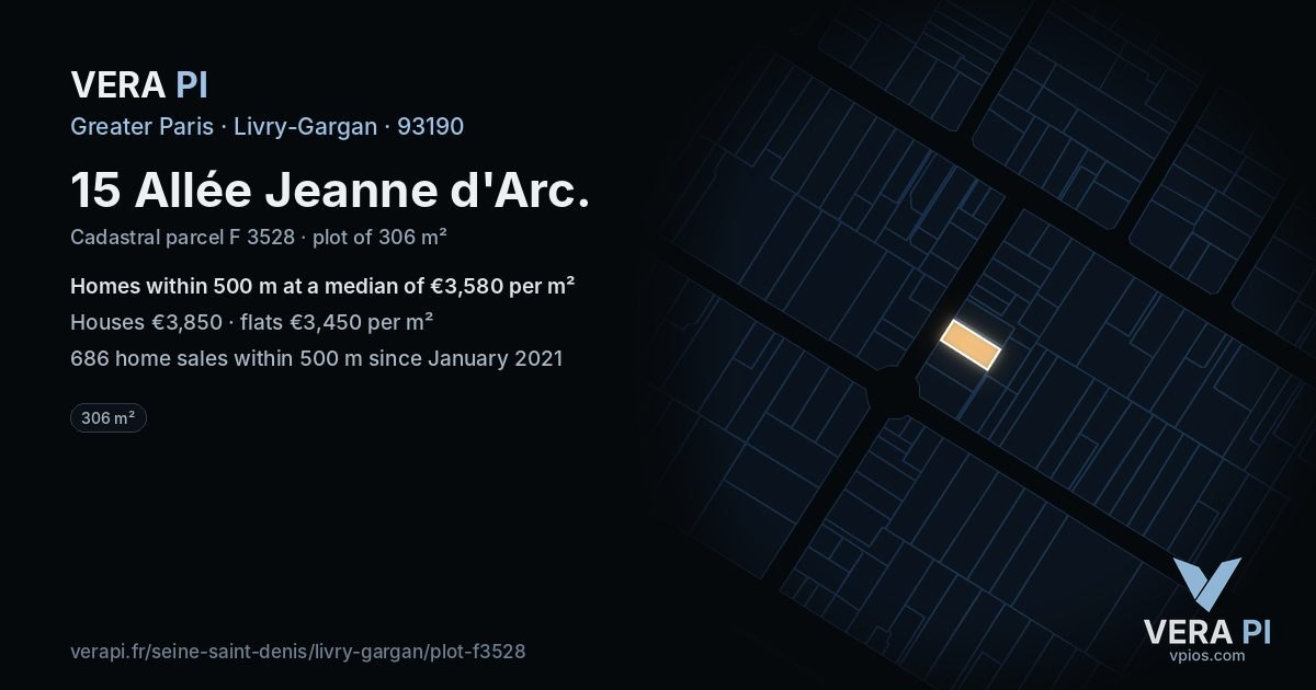 15 Allée Jeanne d'Arc, Livry-Gargan at night – the plot lit, the parcels around coloured by the prices near them