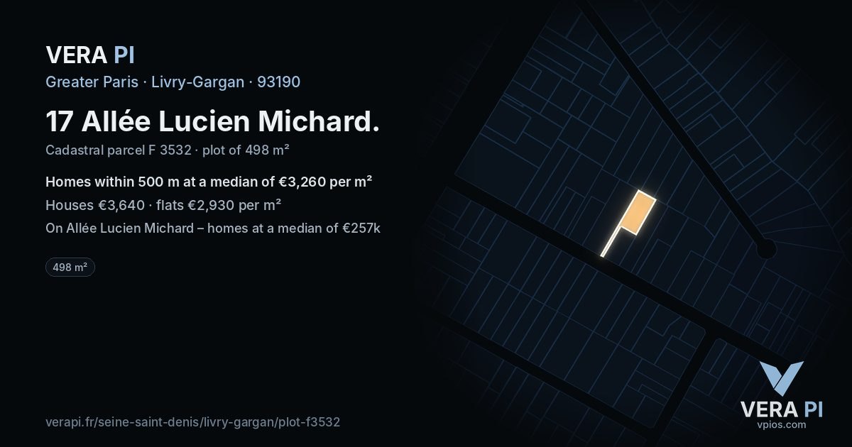 17 Allée Lucien Michard, Livry-Gargan at night – the plot lit, the parcels around coloured by the prices near them