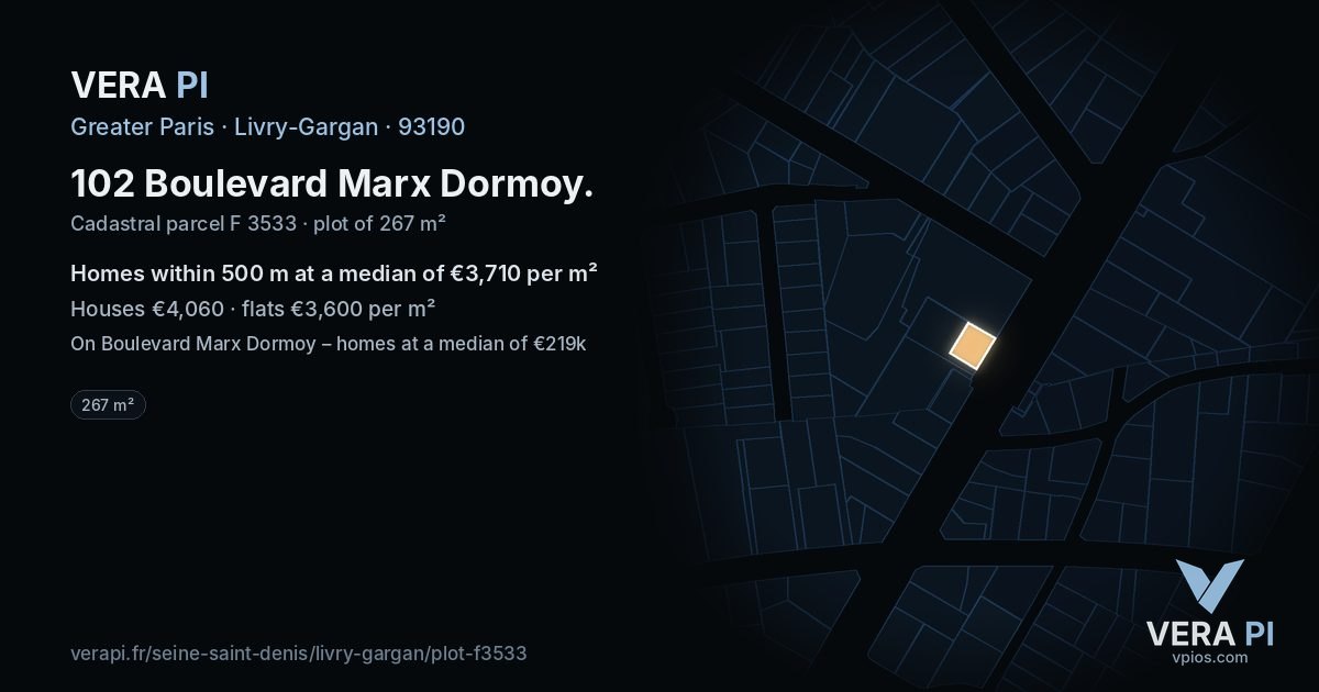 102 Boulevard Marx Dormoy, Livry-Gargan at night – the plot lit, the parcels around coloured by the prices near them