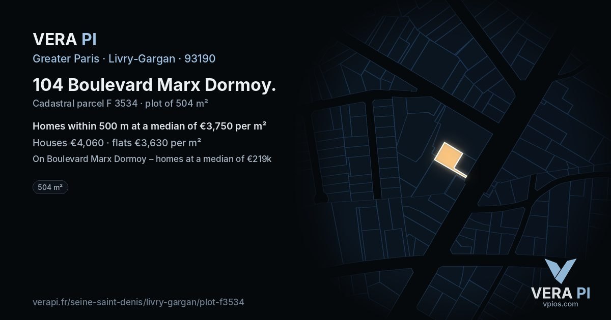 104 Boulevard Marx Dormoy, Livry-Gargan at night – the plot lit, the parcels around coloured by the prices near them