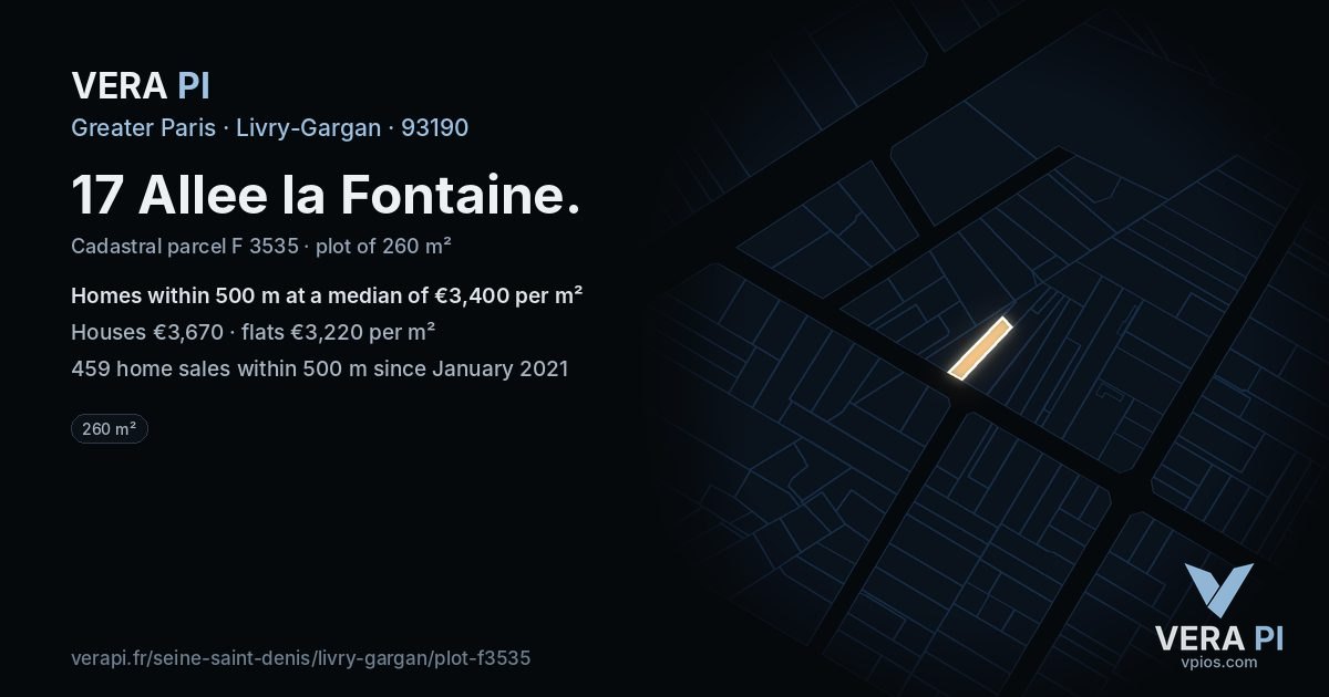 17 Allee la Fontaine, Livry-Gargan at night – the plot lit, the parcels around coloured by the prices near them
