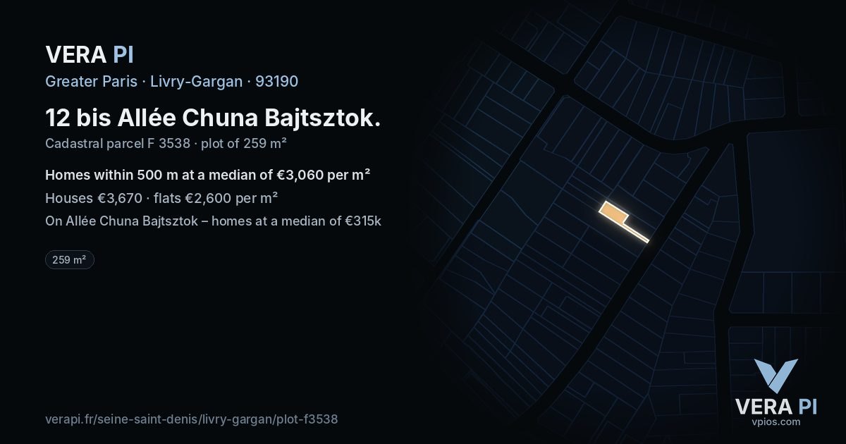 12 bis Allée Chuna Bajtsztok, Livry-Gargan at night – the plot lit, the parcels around coloured by the prices near them