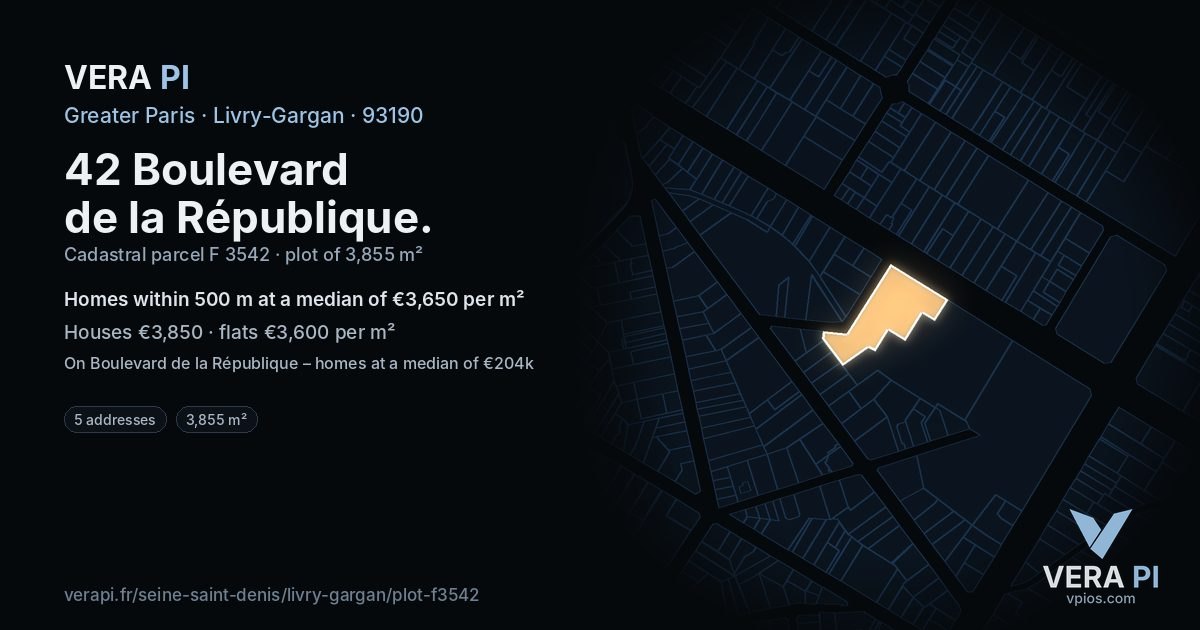 42 Boulevard de la République, Livry-Gargan at night – the plot lit, the parcels around coloured by the prices near them