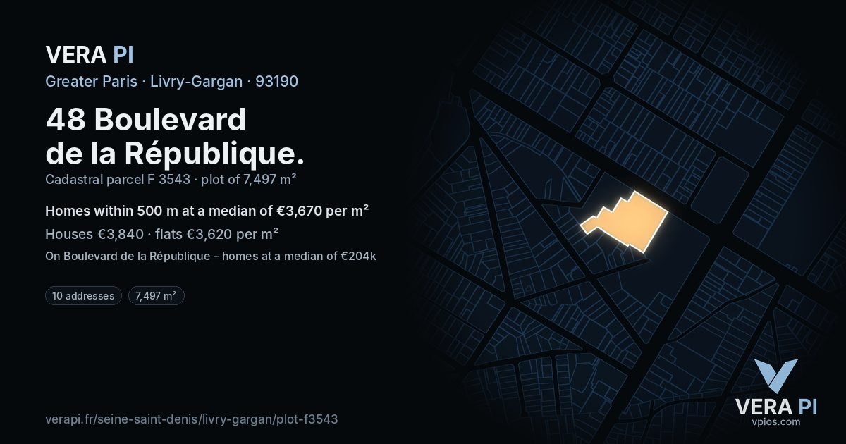 48 Boulevard de la République, Livry-Gargan at night – the plot lit, the parcels around coloured by the prices near them