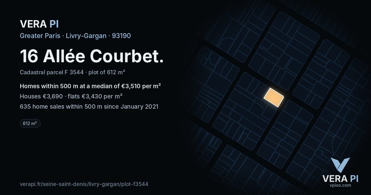 16 Allée Courbet, Livry-Gargan at night – the plot lit, the parcels around coloured by the prices near them
