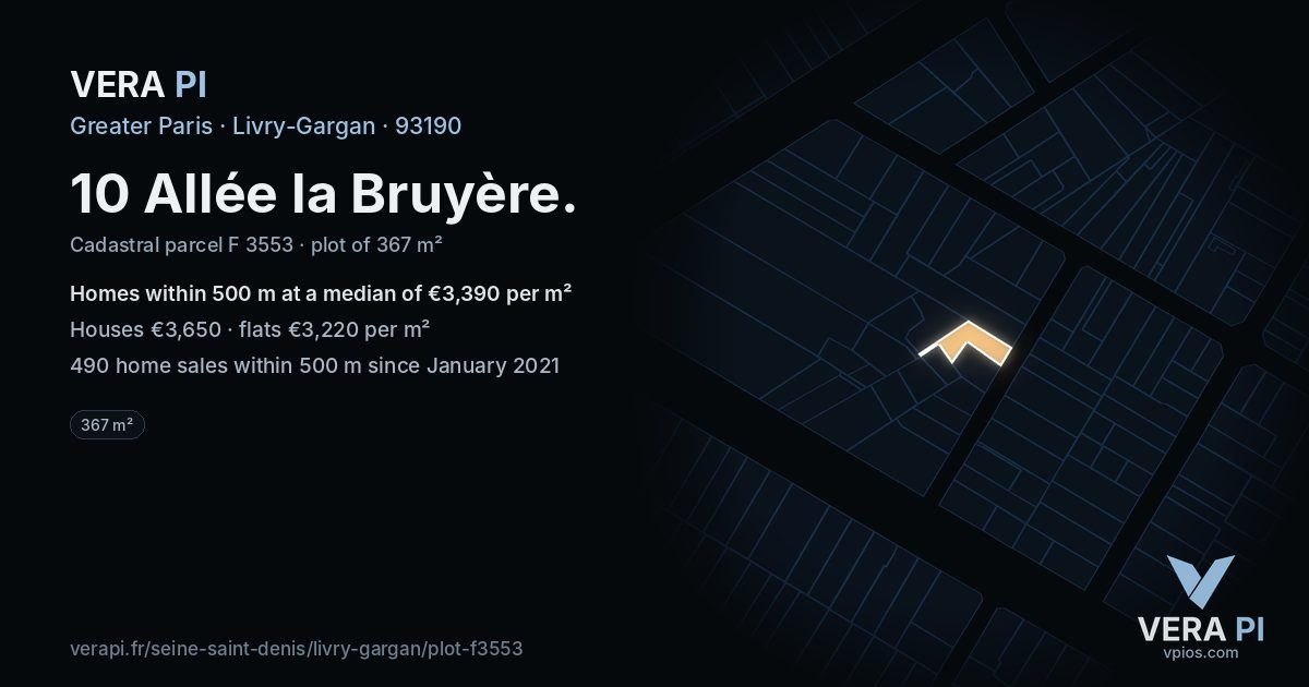 10 Allée la Bruyère, Livry-Gargan at night – the plot lit, the parcels around coloured by the prices near them
