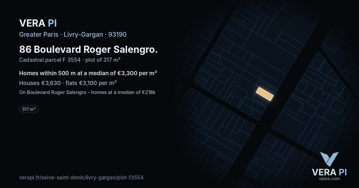 86 Boulevard Roger Salengro, Livry-Gargan at night – the plot lit, the parcels around coloured by the prices near them