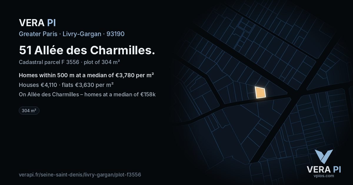 51 Allée des Charmilles, Livry-Gargan at night – the plot lit, the parcels around coloured by the prices near them