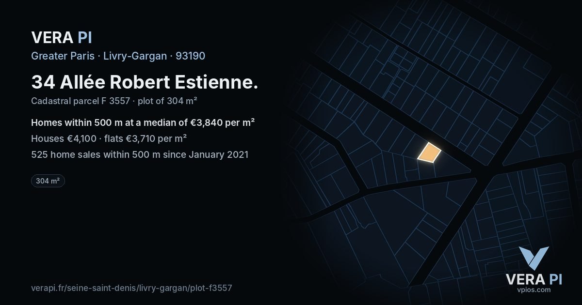 34 Allée Robert Estienne, Livry-Gargan at night – the plot lit, the parcels around coloured by the prices near them
