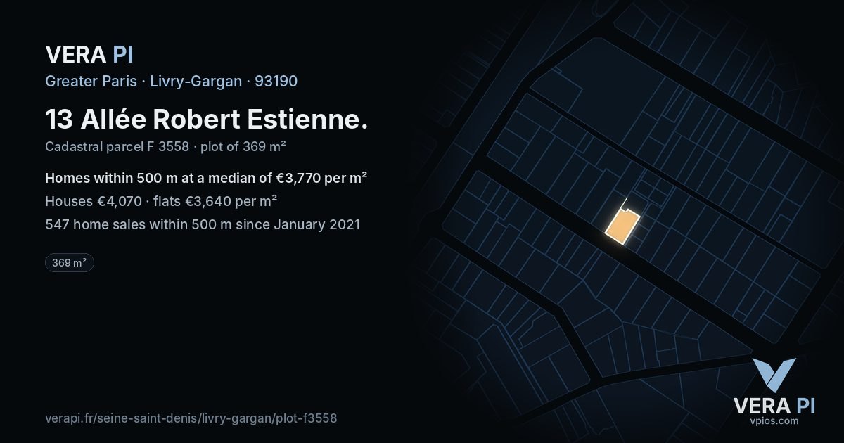 13 Allée Robert Estienne, Livry-Gargan at night – the plot lit, the parcels around coloured by the prices near them