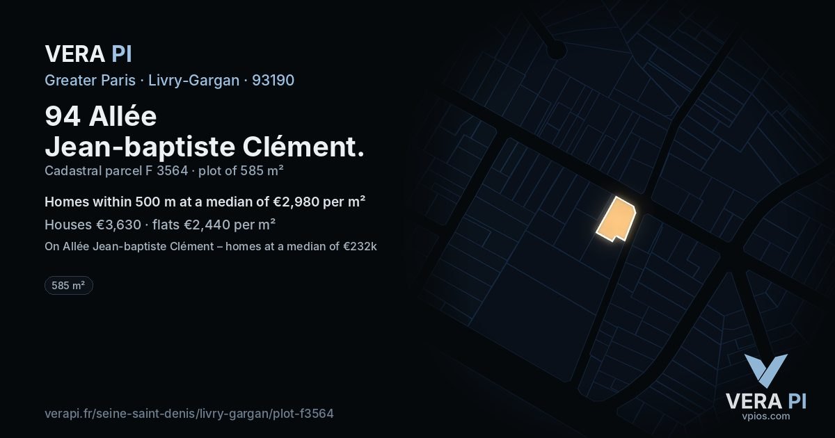 94 Allée Jean-baptiste Clément, Livry-Gargan at night – the plot lit, the parcels around coloured by the prices near them