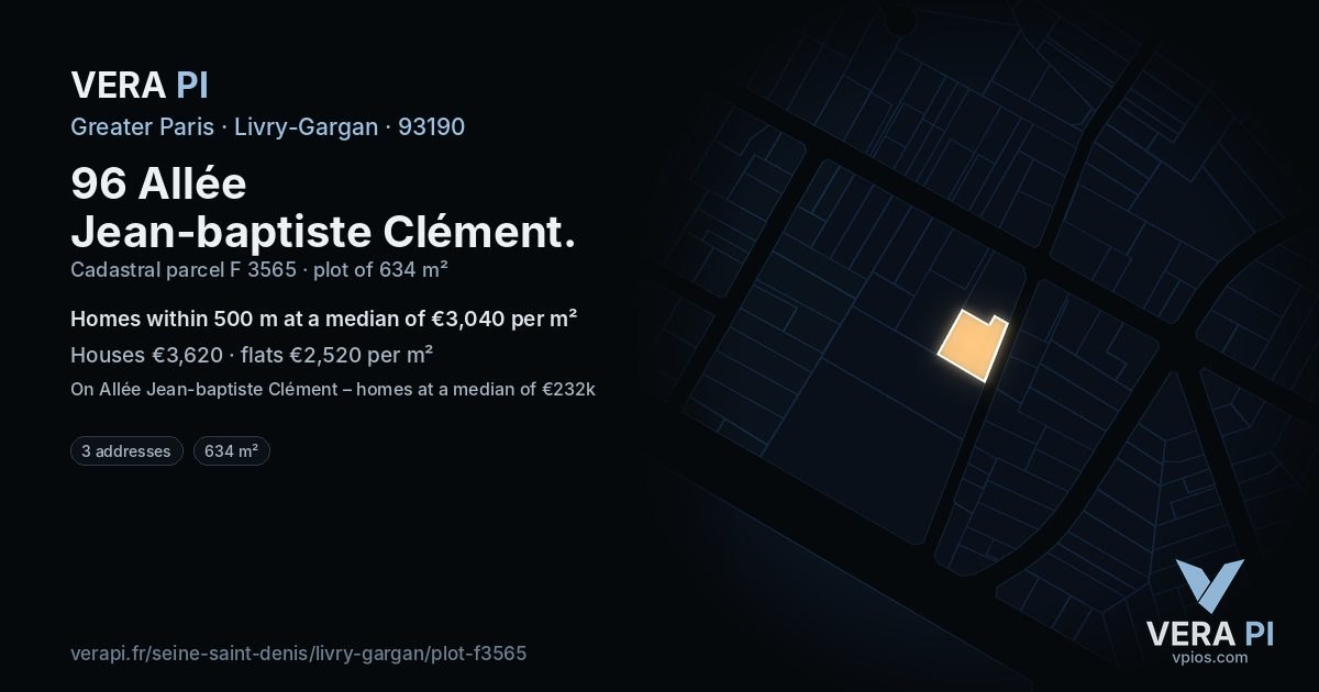 96 Allée Jean-baptiste Clément, Livry-Gargan at night – the plot lit, the parcels around coloured by the prices near them