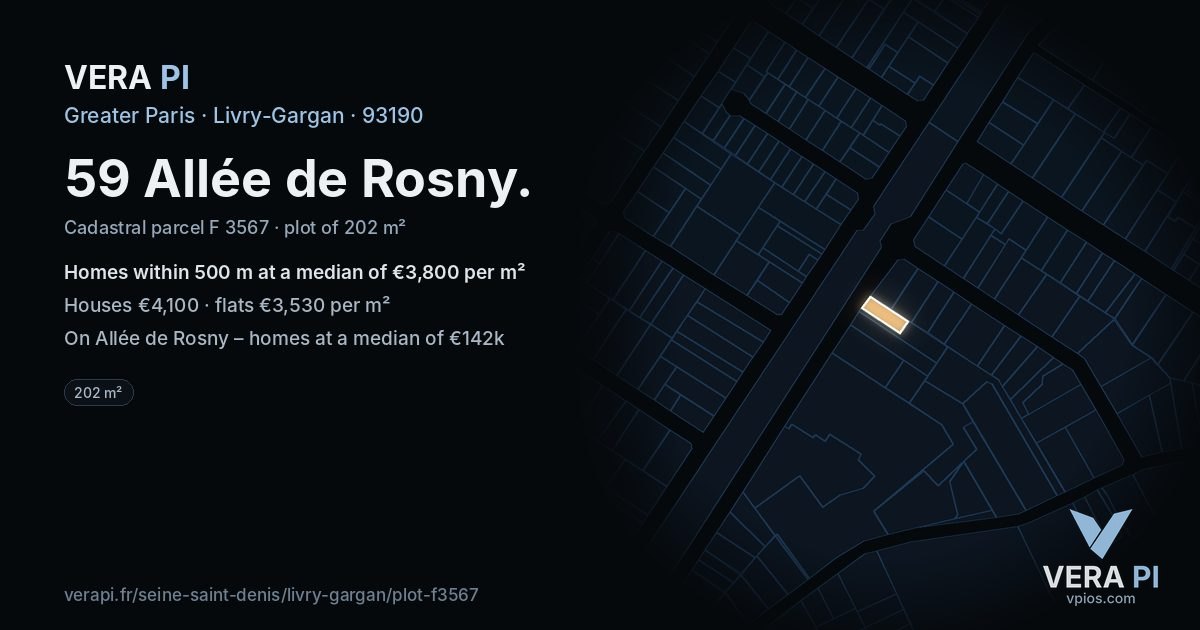 59 Allée de Rosny, Livry-Gargan at night – the plot lit, the parcels around coloured by the prices near them