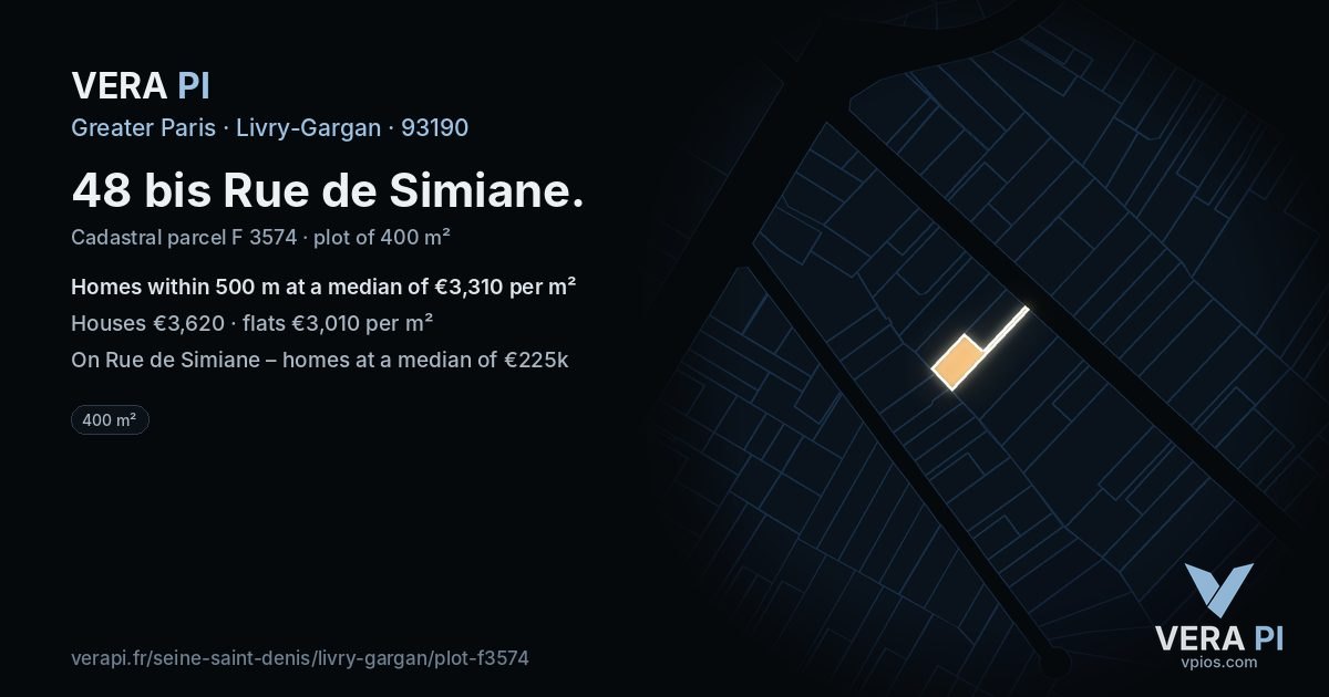 48 bis Rue de Simiane, Livry-Gargan at night – the plot lit, the parcels around coloured by the prices near them