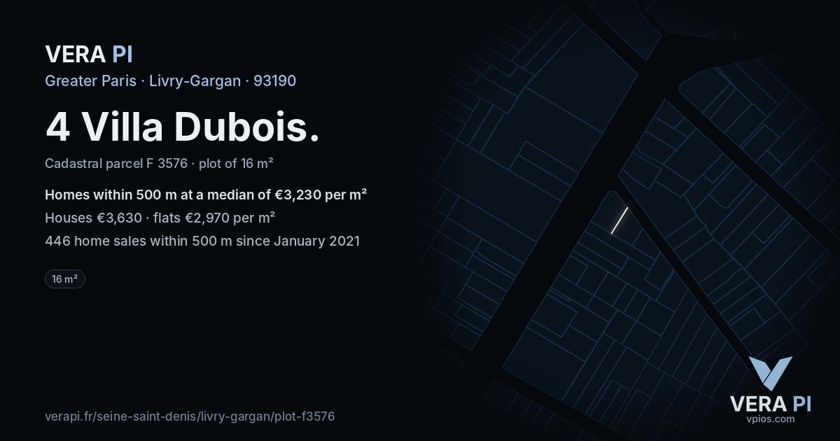 4 Villa Dubois, Livry-Gargan at night – the plot lit, the parcels around coloured by the prices near them