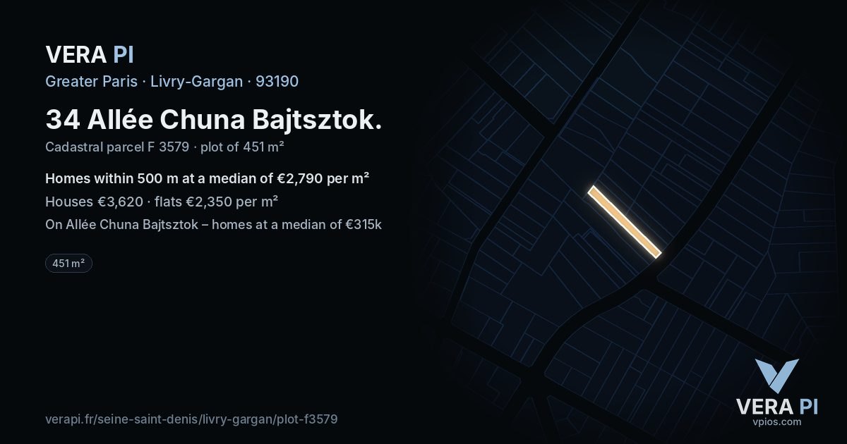 34 Allée Chuna Bajtsztok, Livry-Gargan at night – the plot lit, the parcels around coloured by the prices near them