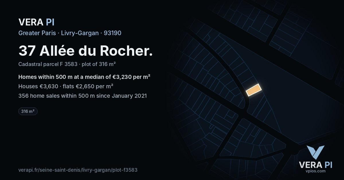37 Allée du Rocher, Livry-Gargan at night – the plot lit, the parcels around coloured by the prices near them