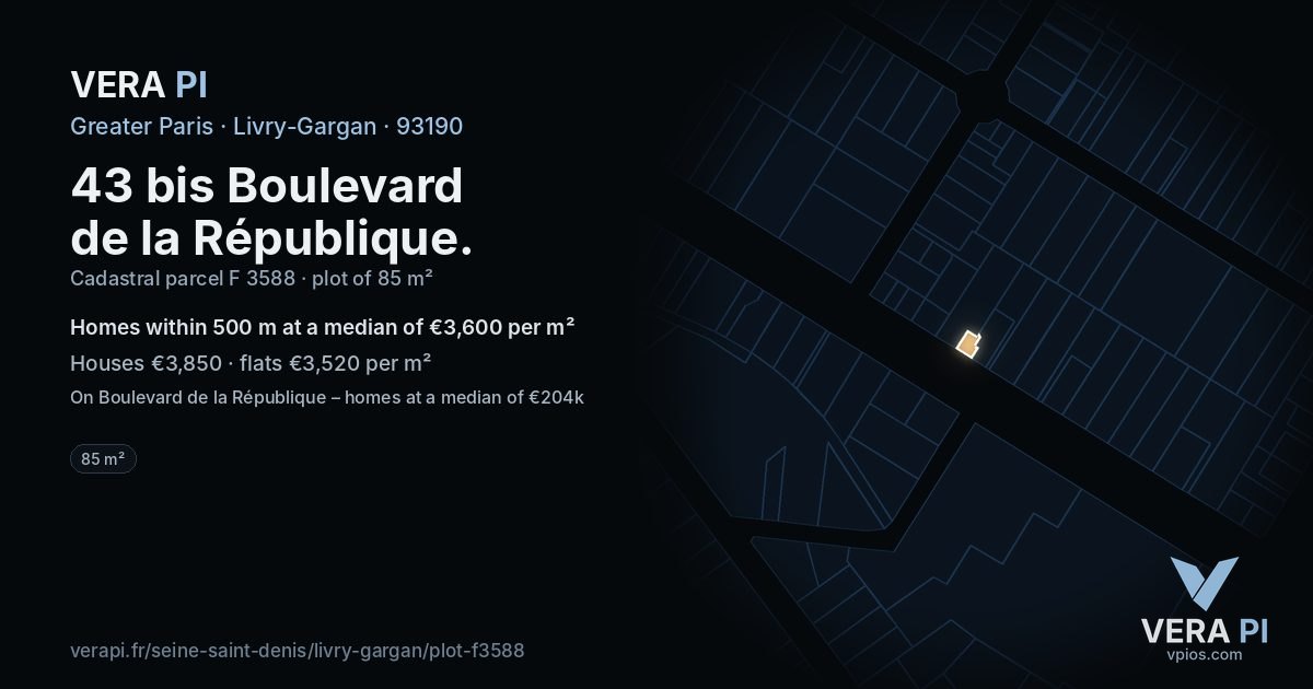 43 bis Boulevard de la République, Livry-Gargan at night – the plot lit, the parcels around coloured by the prices near them