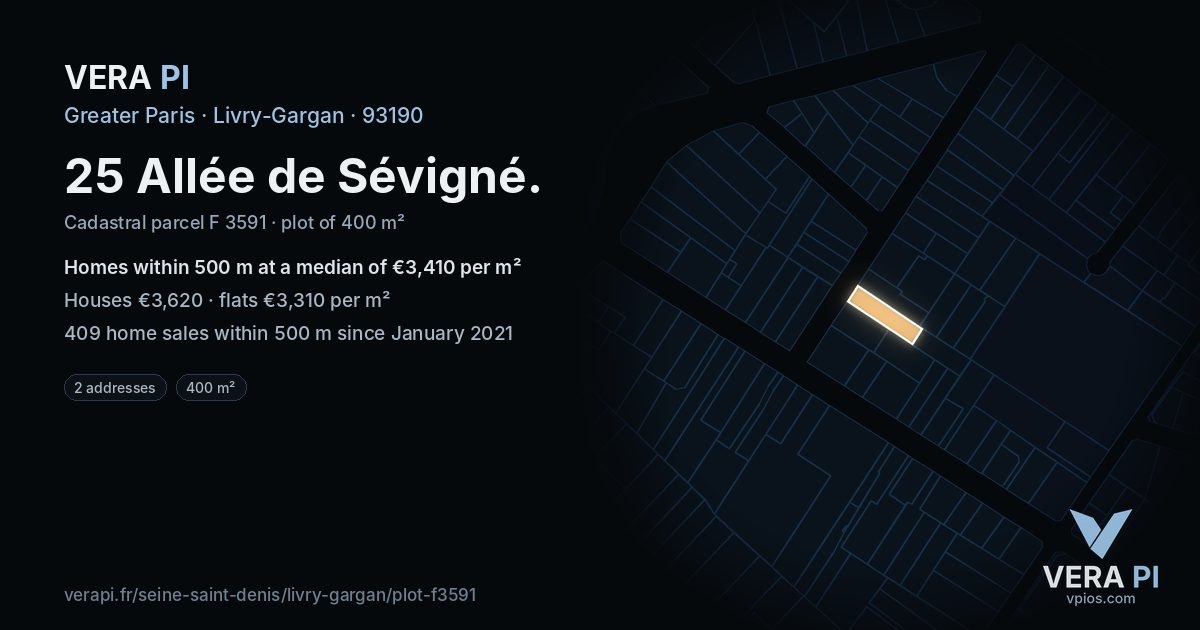 25 Allée de Sévigné, Livry-Gargan at night – the plot lit, the parcels around coloured by the prices near them