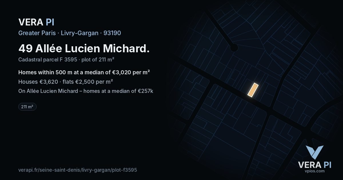 49 Allée Lucien Michard, Livry-Gargan at night – the plot lit, the parcels around coloured by the prices near them